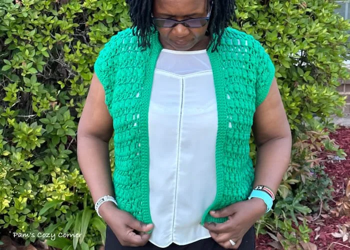 Dahlia Sleeveless Cardigan Pams Cozy Corner Crochet and Knit Designer